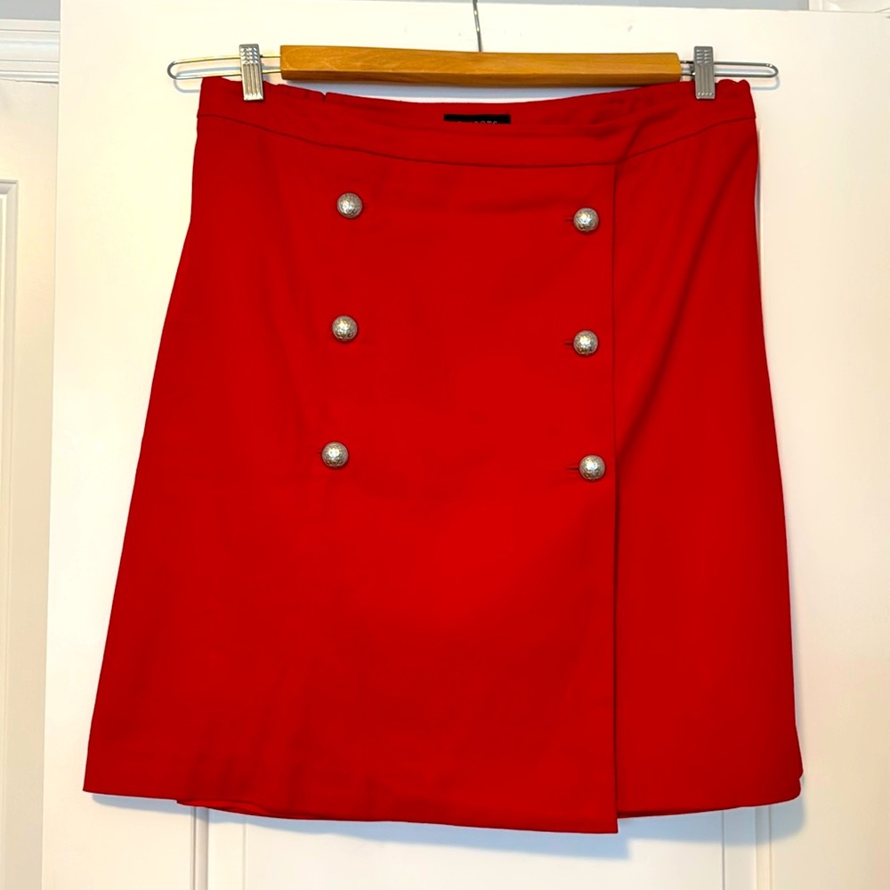 Talbots 🍒 red cotton a-line faux wrap skirt with silver sailor button details